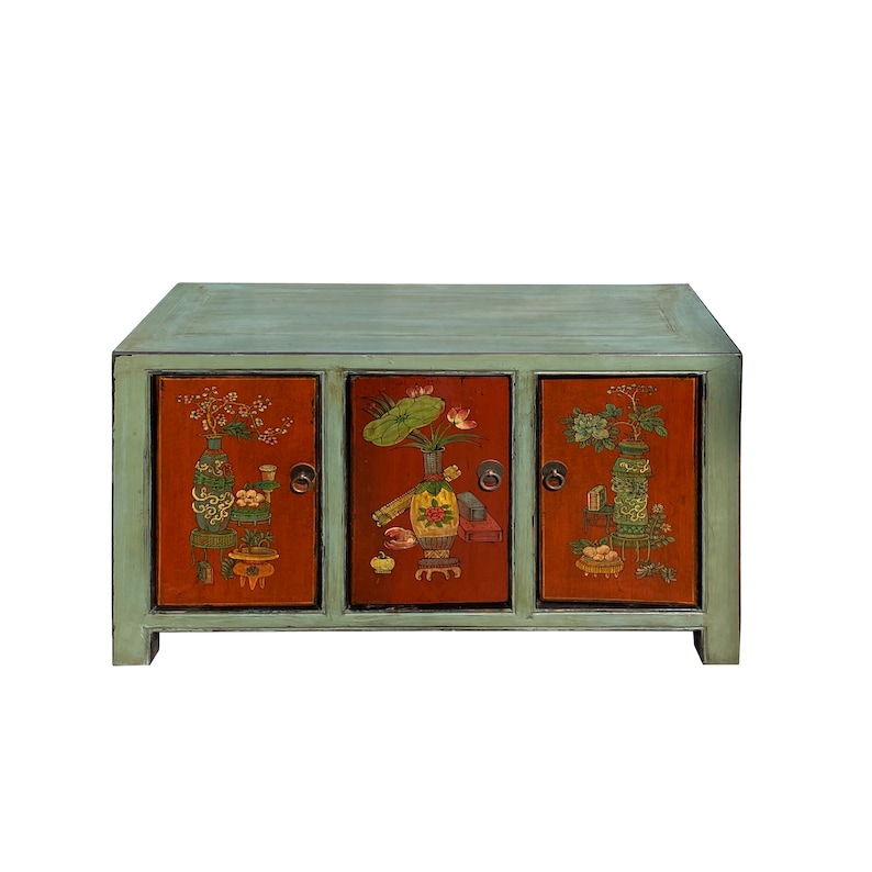 Chinese Vintage Gray Orange Flower Graphic Low TV Console Cabinet cs7427E image 2