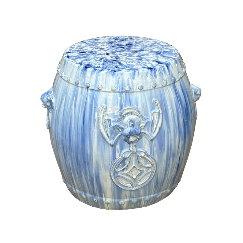 Chinese White Blue Glaze Bat Fortune Coin Pattern Round Ceramic Garden Stool cs7809E image 3