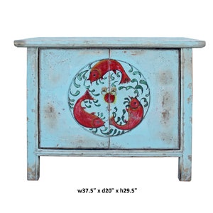 Chinese Distressed Light Pale Blue Fishes Graphic Table Cabinet cs3970E image 7