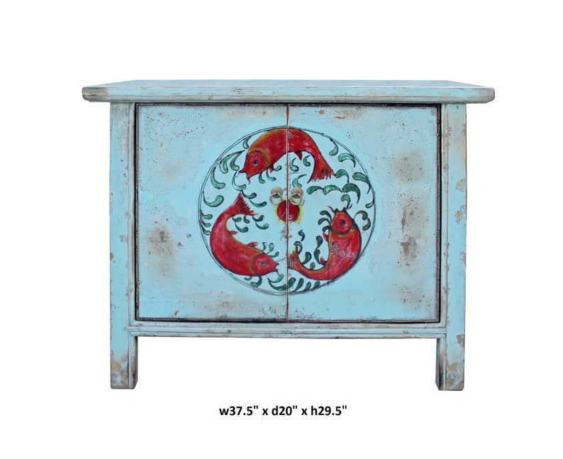 Chinese Distressed Light Pale Blue Fishes Graphic Table Cabinet cs3970E image 7