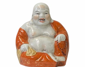 Vintage Finish Orange Off White Porcelain Happy Buddha Statue ws1585E