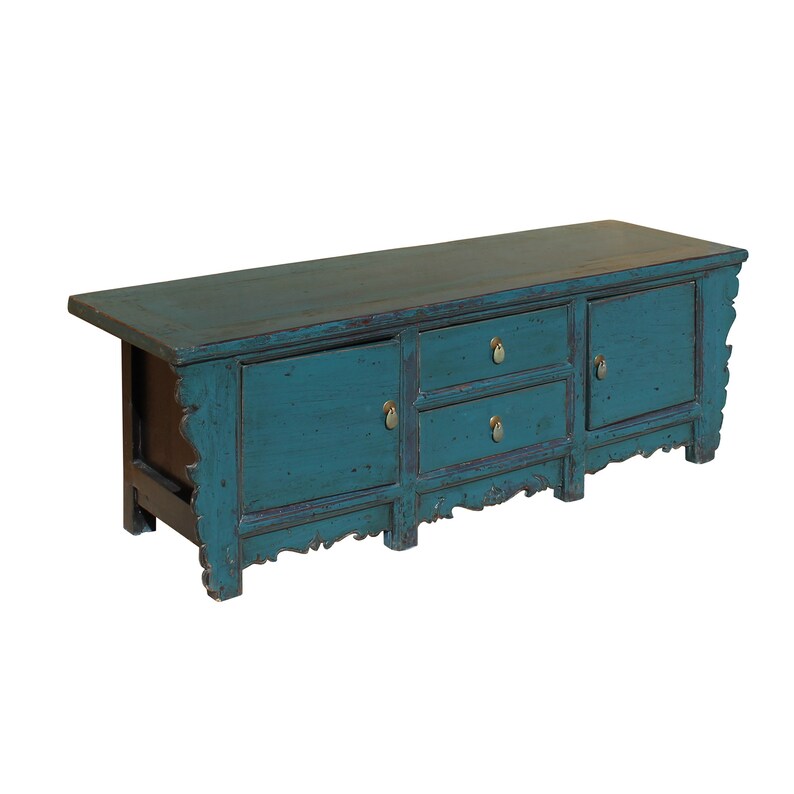 Oriental Distressed Rustic Teal Blue Lacquer Low Console Table Cabinet cs4622E image 4