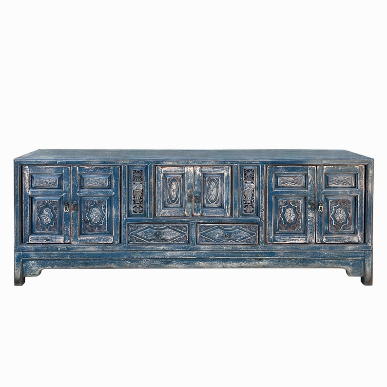 Chinese Distressed Dark Blue Vases Relief Pattern TV Console Table Cabinet cs7738E image 1