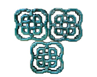 Lot de 3 carreaux chinois en argile à glaçure mélangée vert turquoise et noeuds infinis cs7264E