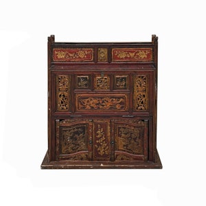 Vintage Chinese Fujian Golden Carving Wedding Trunk Cabinet Chest cs7792E