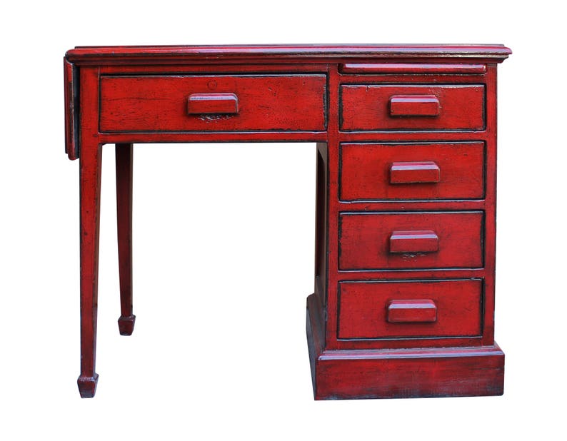 Chinese Distressed Red Writing Desk With Side Flip Up Slide Table Drawers Cs3118e