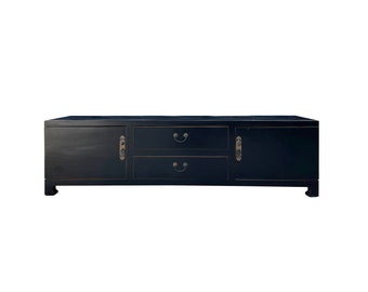 Oriental Black Lacquer Swing Drawers Low TV Media Console Cabinet cs7623E