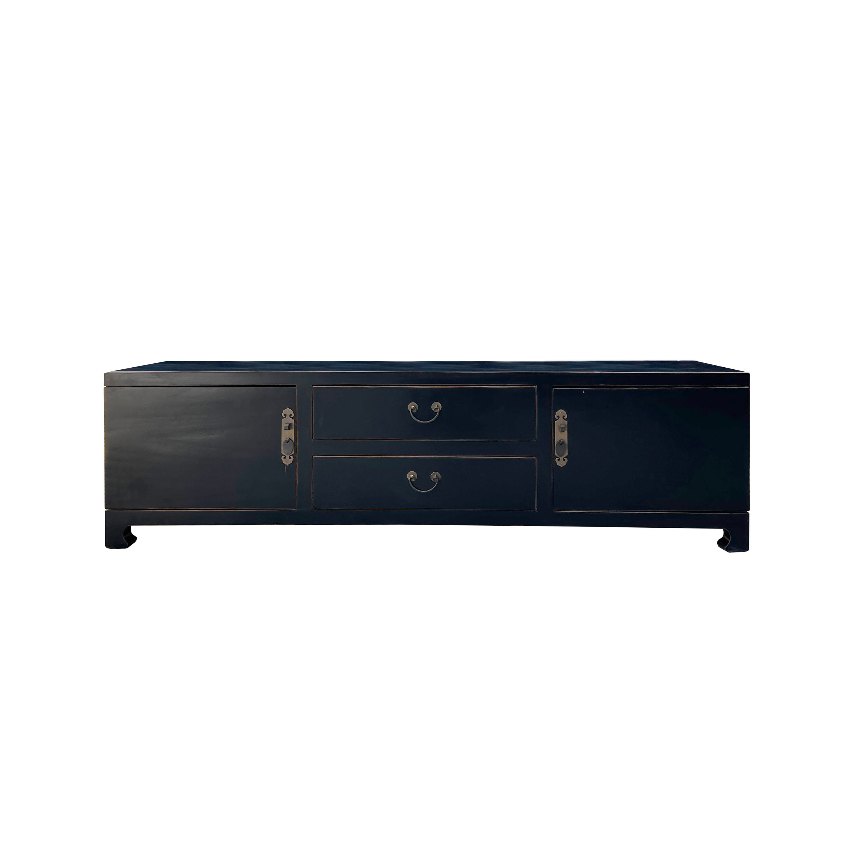 Oriental Black Lacquer Swing Drawers Low TV Media Console Cabinet cs7623E