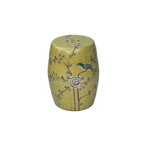 Distressed Yellow Porcelain Flower Birds Round Barrel Stool Table ws3692E image 1