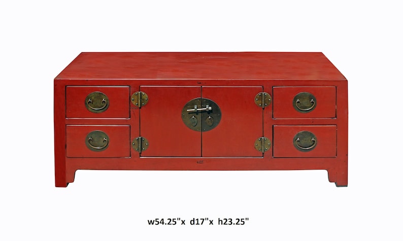 Chinese Oriental Zen Distressed Red Console Sideboard TV Cabinet cs3925E