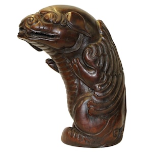 Chinese Bamboo Carved Artistic Foo Dog Figure Display cs3363E