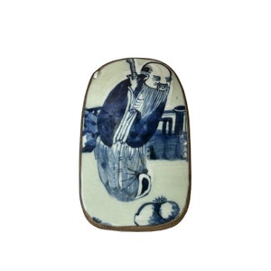 Chinese Old White Base Blue OldMan Graphic Porcelain Art Pewter Box ws3910E