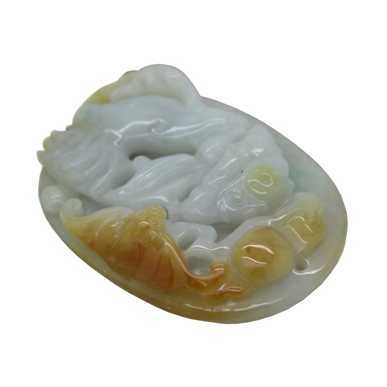 Natural Green Yellow Jade Pendant With Lucky Zodiac Rooster, Bat & Fortune Figure n491E image 3