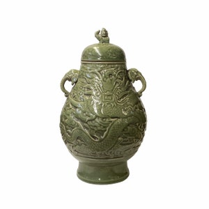 Chinese Ancient style Celadon Ceremonial Jar with Dragon Motif ws1595E image 1