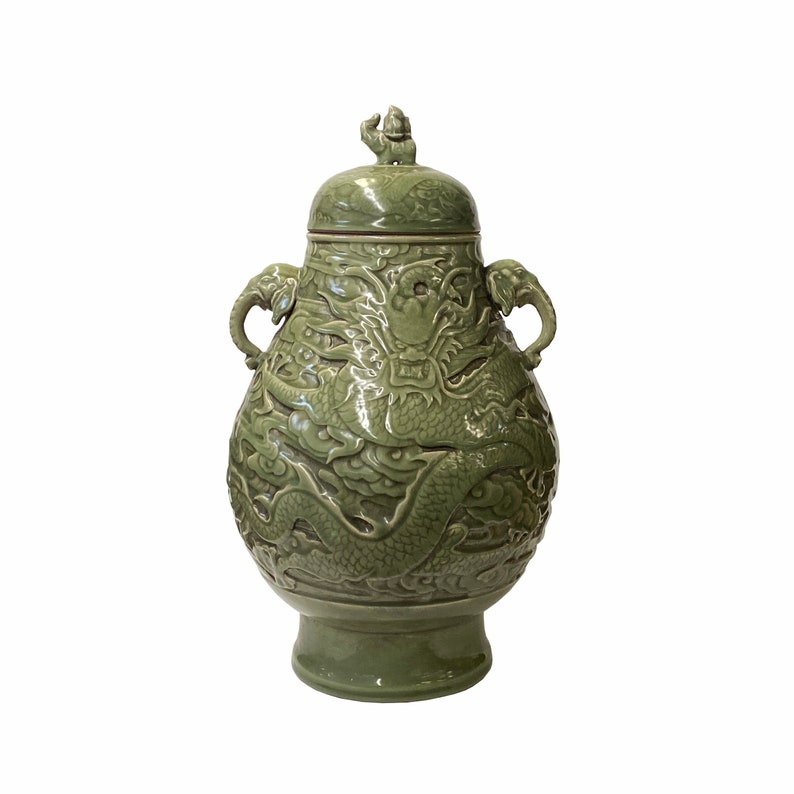 Chinese Ancient style Celadon Ceremonial Jar with Dragon Motif ws1595E image 1