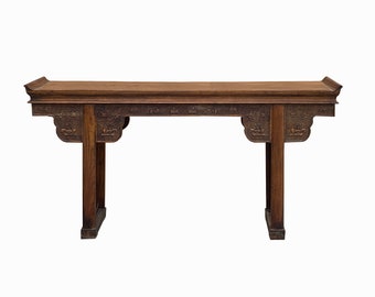 Vintage Chinese Brown Natural Wood Point Edge RuYi Apron Altar Console Table cs7780E