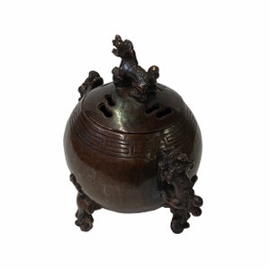 Oriental Brown Finish Metal Incense Burner with Foo Dogs Accent Lid ws1596E image 3