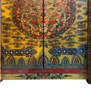 Chinese Tibetan Dragon Flower Yellow Graphic Tall Armoire Wardrobe Cabinet cs7683E image 9