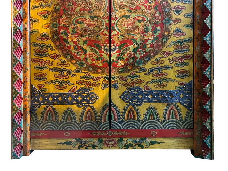 Chinese Tibetan Dragon Flower Yellow Graphic Tall Armoire Wardrobe Cabinet cs7683E image 9