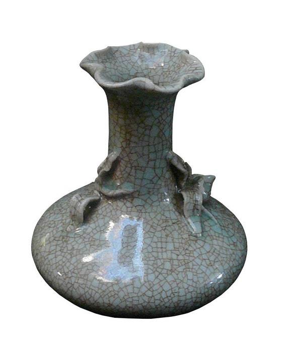 Chinese Celadon Crackle Ceramic Pottery Vase With 3D Floral Art cs107S Chinese Celadon Crackle Ceramic Pottery Vase With 3D Floral Art cs107S