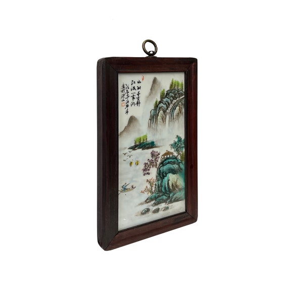 Chinese Wood Frame Porcelain Mountain Tree Scenery Wall Plaque Panel ws3360S Chinese Wood Frame Porcelain Mountain Tree Scenery Wall Plaque Panel ws3360S