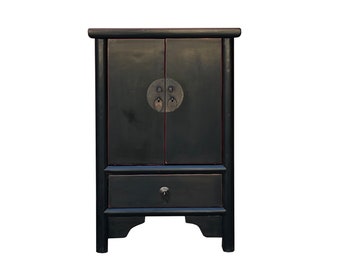 Oriental Style End Table Nightstand with a Distressed Black Surface cs7382E