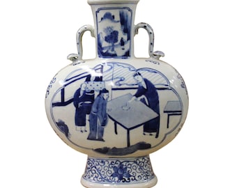 Chinese Blue White Porcelain People Graphic Oval Flat Body Vase ws375E
