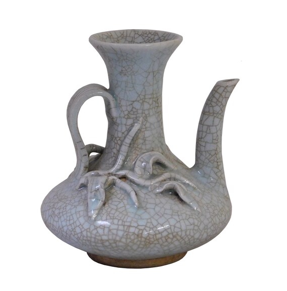 Chinese Celadon Crackle Ceramic Pottery 3D Floral Root Teapot Shape Vase cs110S Chinese Celadon Crackle Ceramic Pottery 3D Floral Root Teapot Shape Vase cs110S