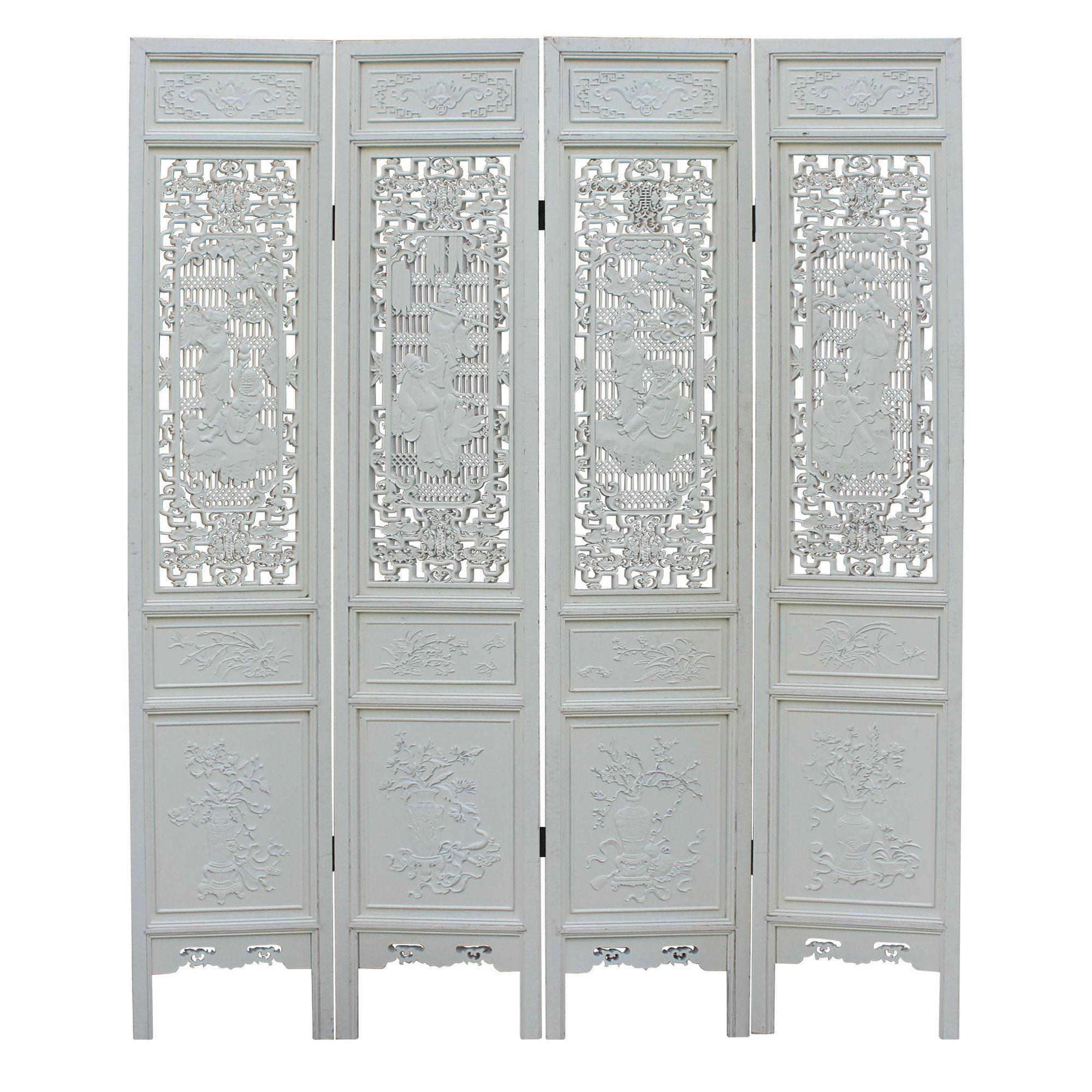 Chinese Distressed Off-white Lacquer 8 Immortal Wood Panel Floor