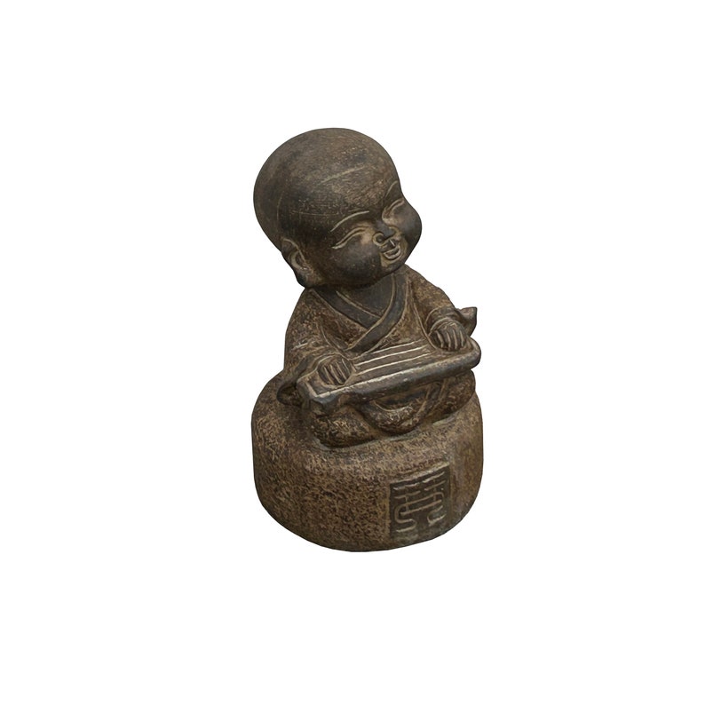 Oriental Gray Stone Little Lohon Monk Playing Zither Statue ws3628E image 6