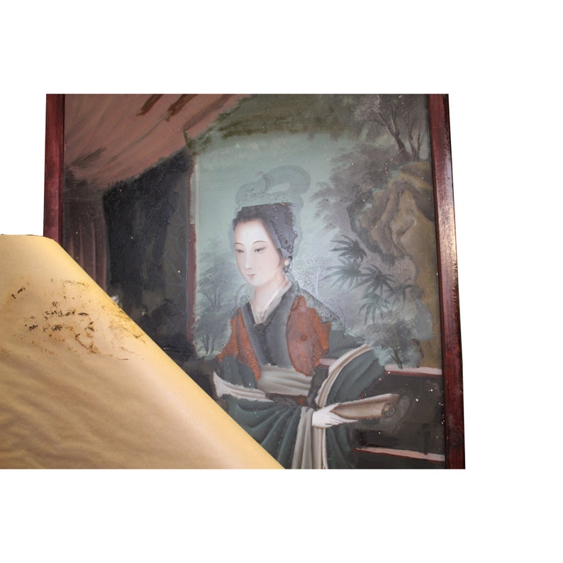 Vintage Chinese Reverse Painting Glass Lady Portrait Wall Art ws453E image 5