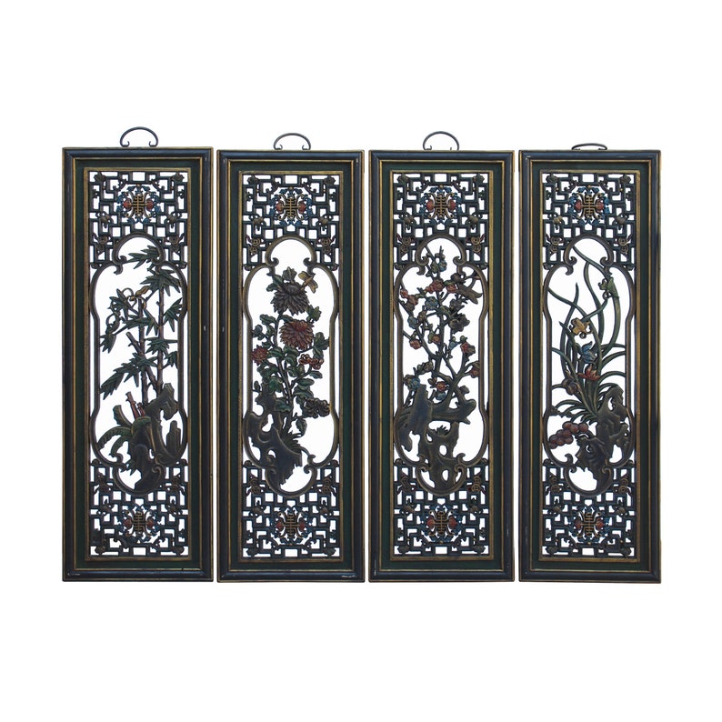 Chinese Color Painted 4 Seasons Flower Wooden Wall 4 Panels Set cs6057E image 1