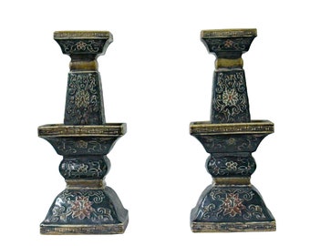 Pair Chinese Handmade Ceramic Square Motif Candle Holders Display ws941E