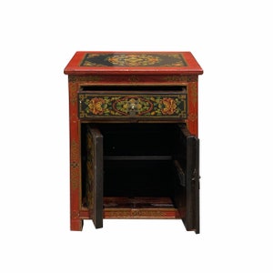 Tibetan Oriental Black Orange Red Floral End Table Nightstand cs6949E image 4