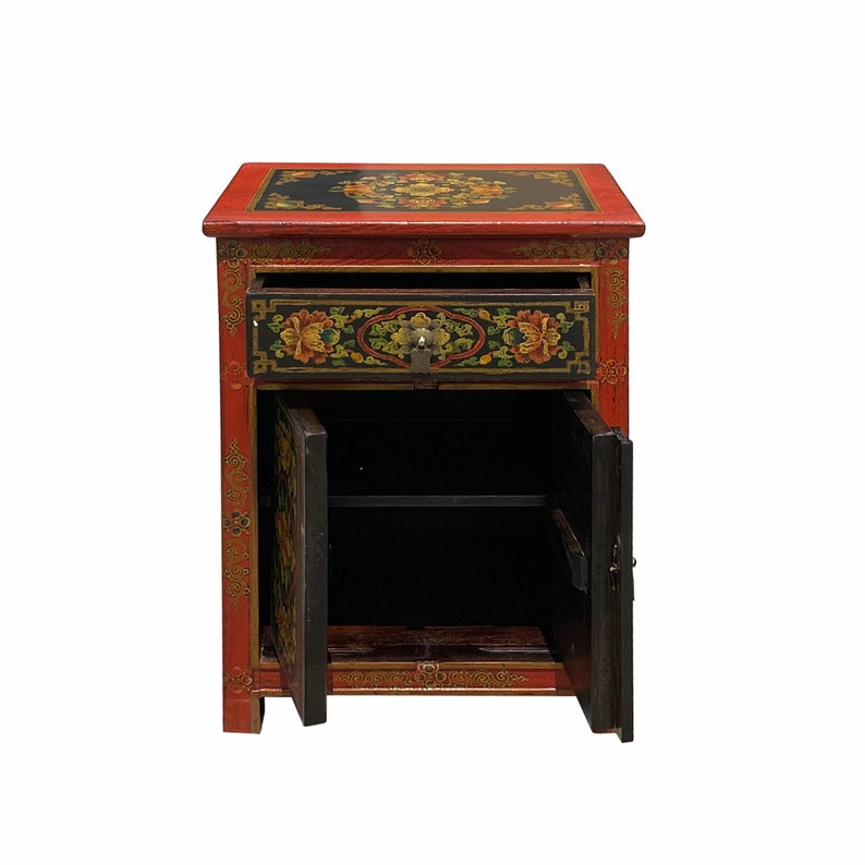 Tibetan Oriental Black Orange Red Floral End Table Nightstand cs6949E image 4