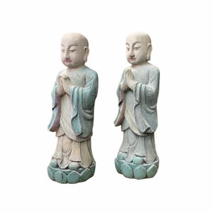 Pair Chinese Color Rustic Wood Standing Lohon Monk Statues ws1517E image 3