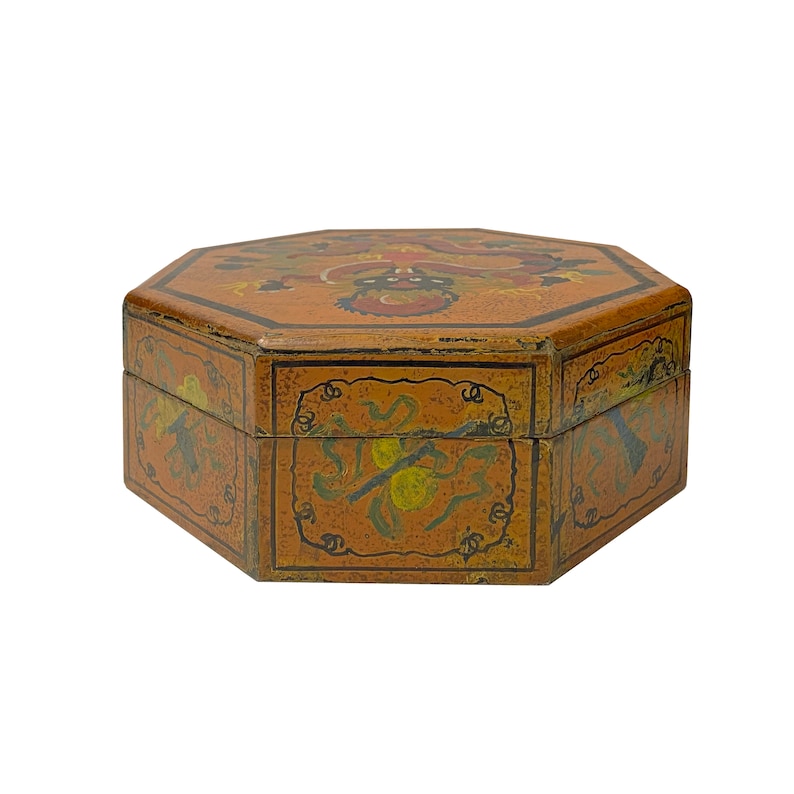 Chinese Distressed Light Brown Octagon Dragon Treasure Graphic Box ws2346E image 4
