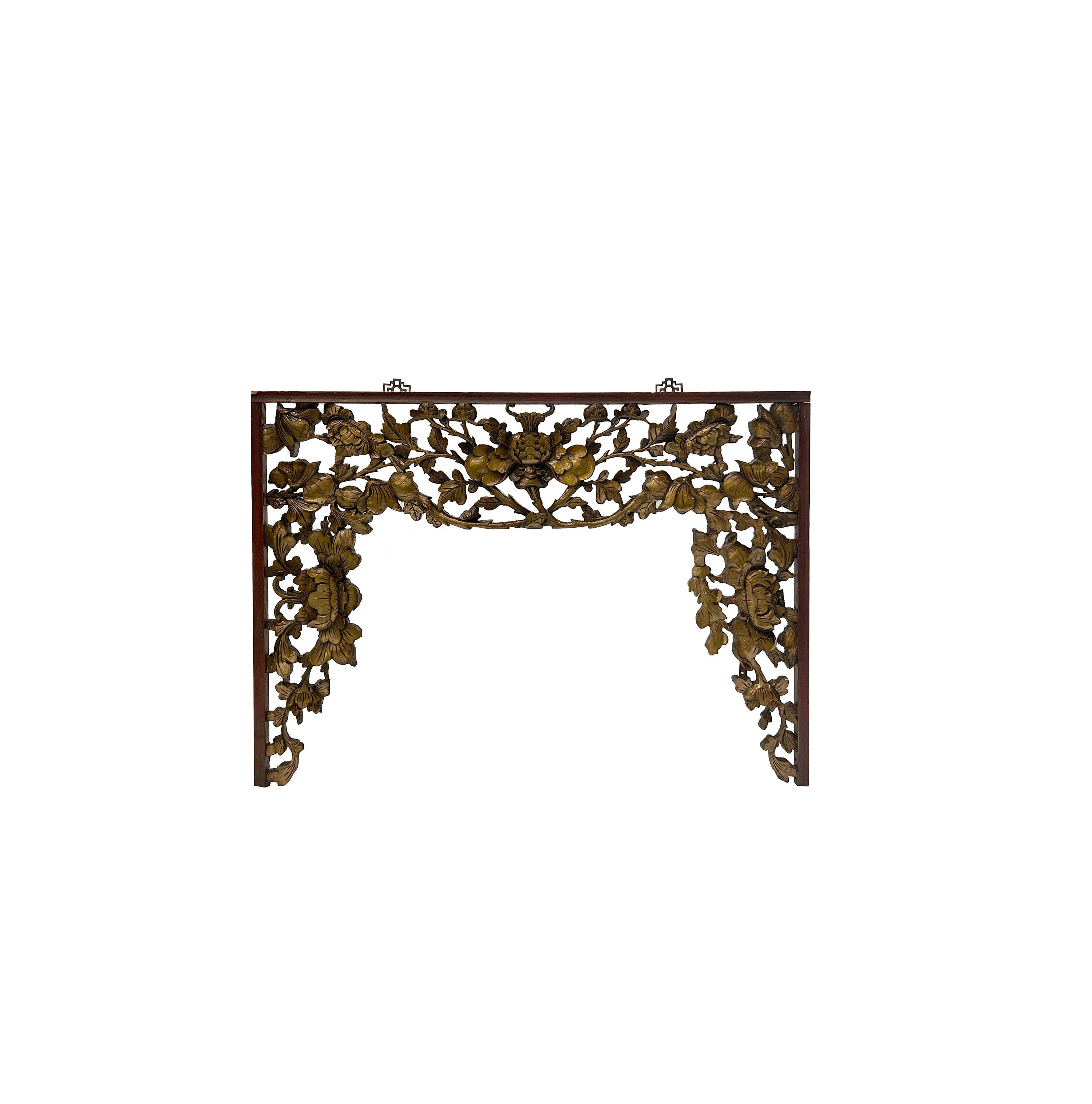 Chinese Vintage Golden Relief Flower Carving Arch Shape Wood Wall Art ws3790E 