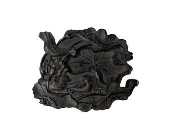 Chinese Oriental Wood Pad Shape Lotus Birds Display Figure Art ws2580E