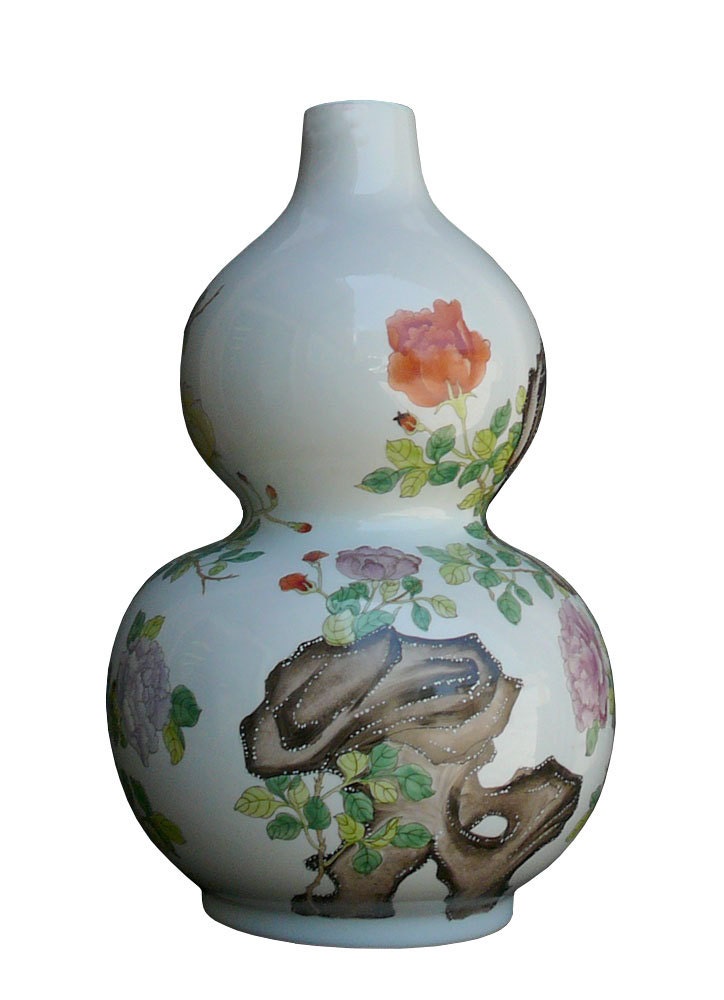 Asian Lucky Porcelain Wu Lu Gourd Shape Scenery Flowers Painting