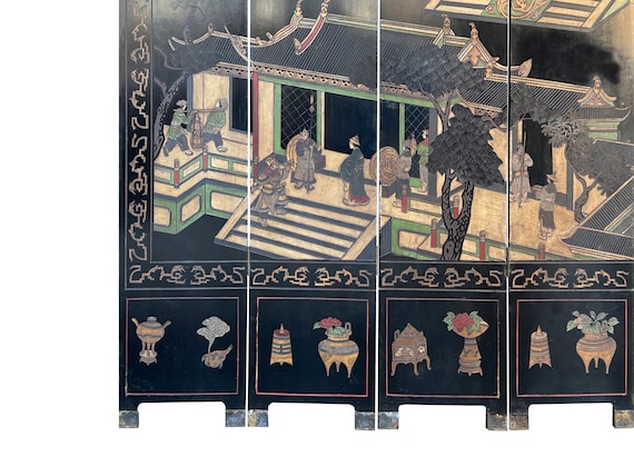 Vintage Chinese Coromandel Lacquer Court House Theme 8 Panel