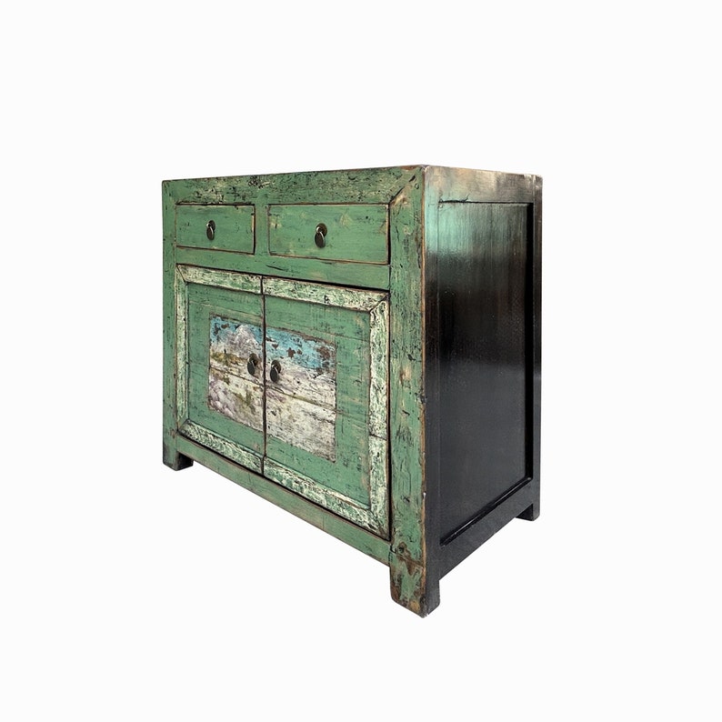 Chinese Distressed Apple Green Graphic Sideboard Console Cabinet cs7692E image 2