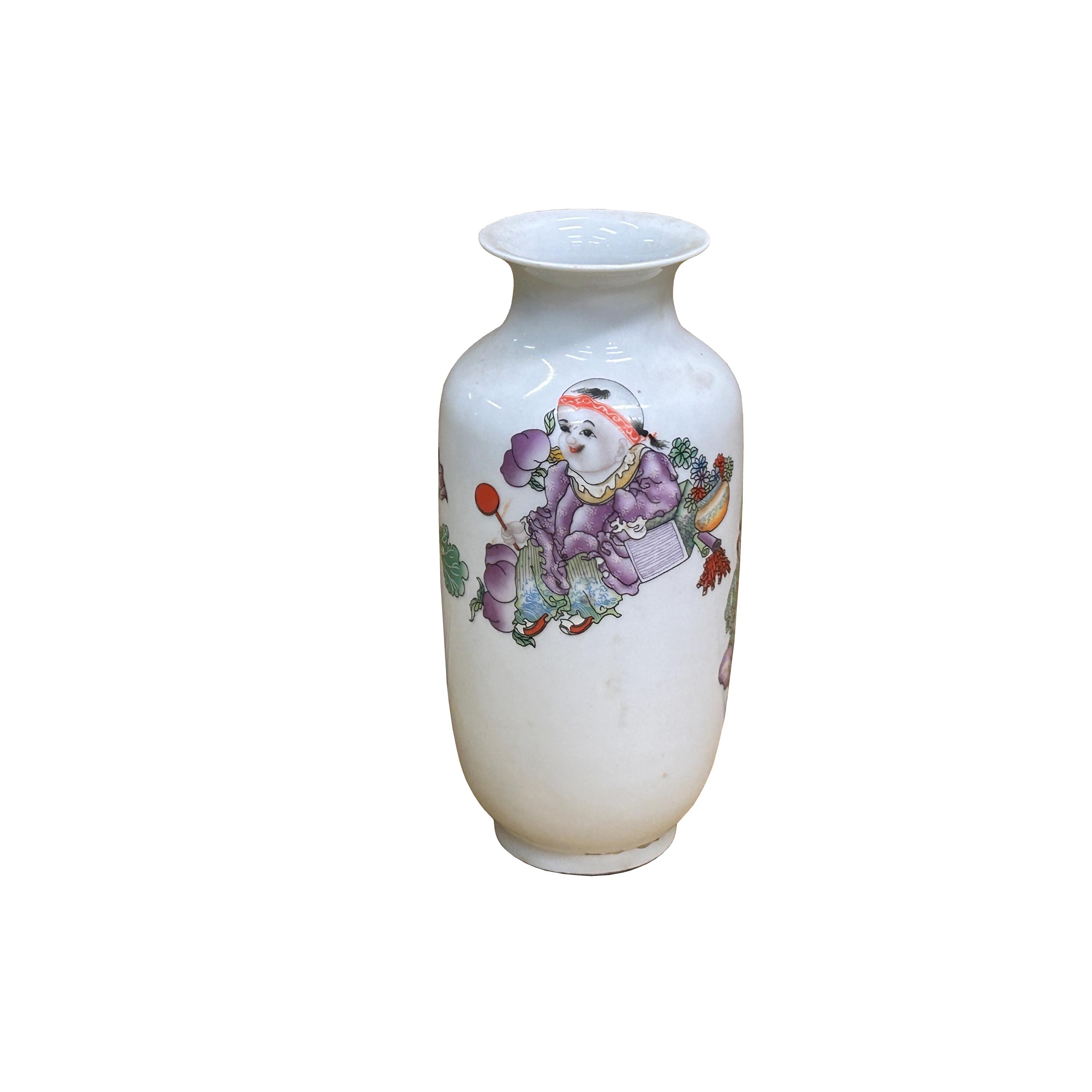 Chinese White Base Color Baizi Graphic Porcelain Art Vase GB561E