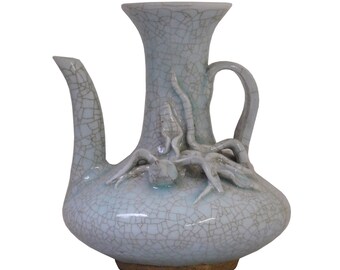Chinese Celadon Crackle Ceramic Pottery 3D Floral Root Teapot Shape Vase cs110S Chinese Celadon Crackle Ceramic Pottery 3D Floral Root Teapot Shape Vase cs110S