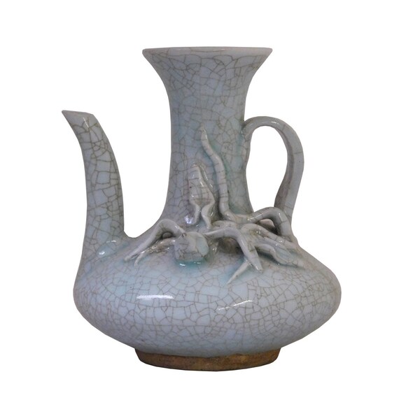 Chinese Celadon Crackle Ceramic Pottery 3D Floral Root Teapot Shape Vase cs110S Chinese Celadon Crackle Ceramic Pottery 3D Floral Root Teapot Shape Vase cs110S