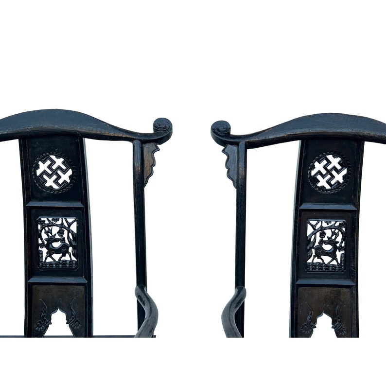 Pair Vintage Chinese Rustic Black Lacquer Deer Motif Yoke-Back Armchairs cs7807E image 9