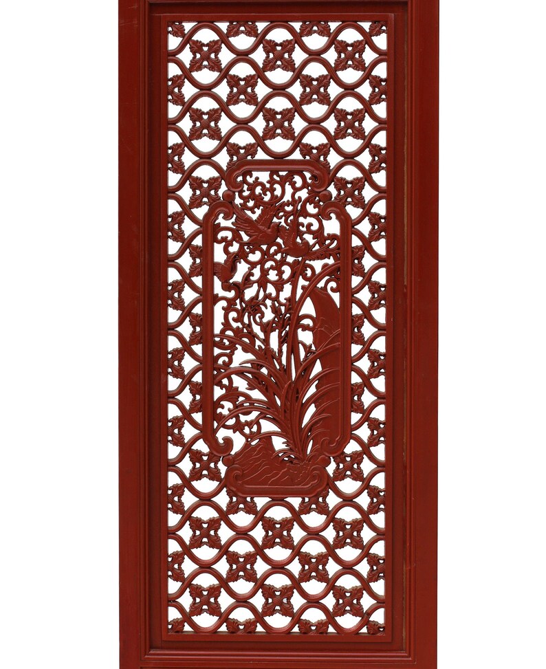 Chinese Red Paint Geometric Flower Bird Accent Narrow Floor Panel Headboard cs3569E image 2