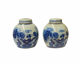 Par de tarros de jengibre de porcelana con flores grandes orientales mini azul blanco ws1875E