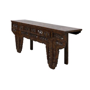 Vintage Chinese Brown Wood Open Flower RuYi Carving Apron Altar Console Table cs7802E image 5