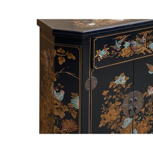 Oriental Black Veneer Flower Birds Graphic Slim Side Table Cabinet cs7800E image 4